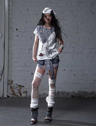 Punk Plaid Scarf Fake Two-piece T-shirt NOR0183