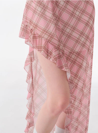 Irregular Waist Plaid Pink Long Suspender Dress ZIZ0086