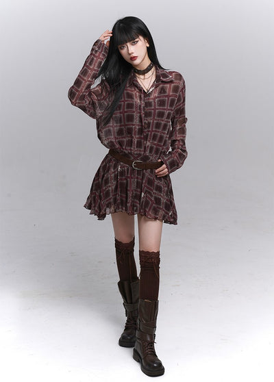 Red Brown Long-Sleeved Plaid Shirt Dress LAD0226