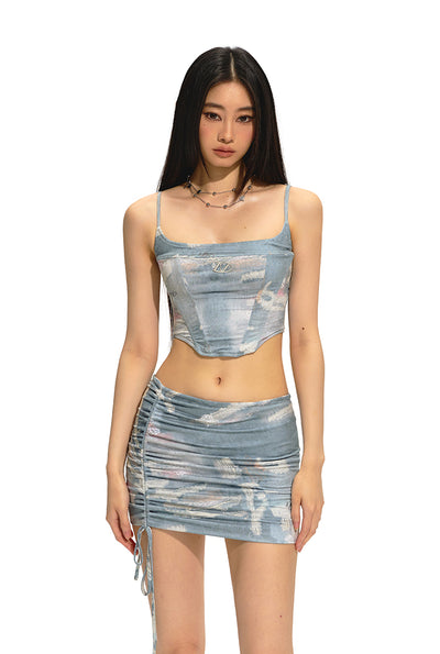 Blue Sky And White Clouds Full Print Sling Short Camisole/Pleated Skirt NOT0195