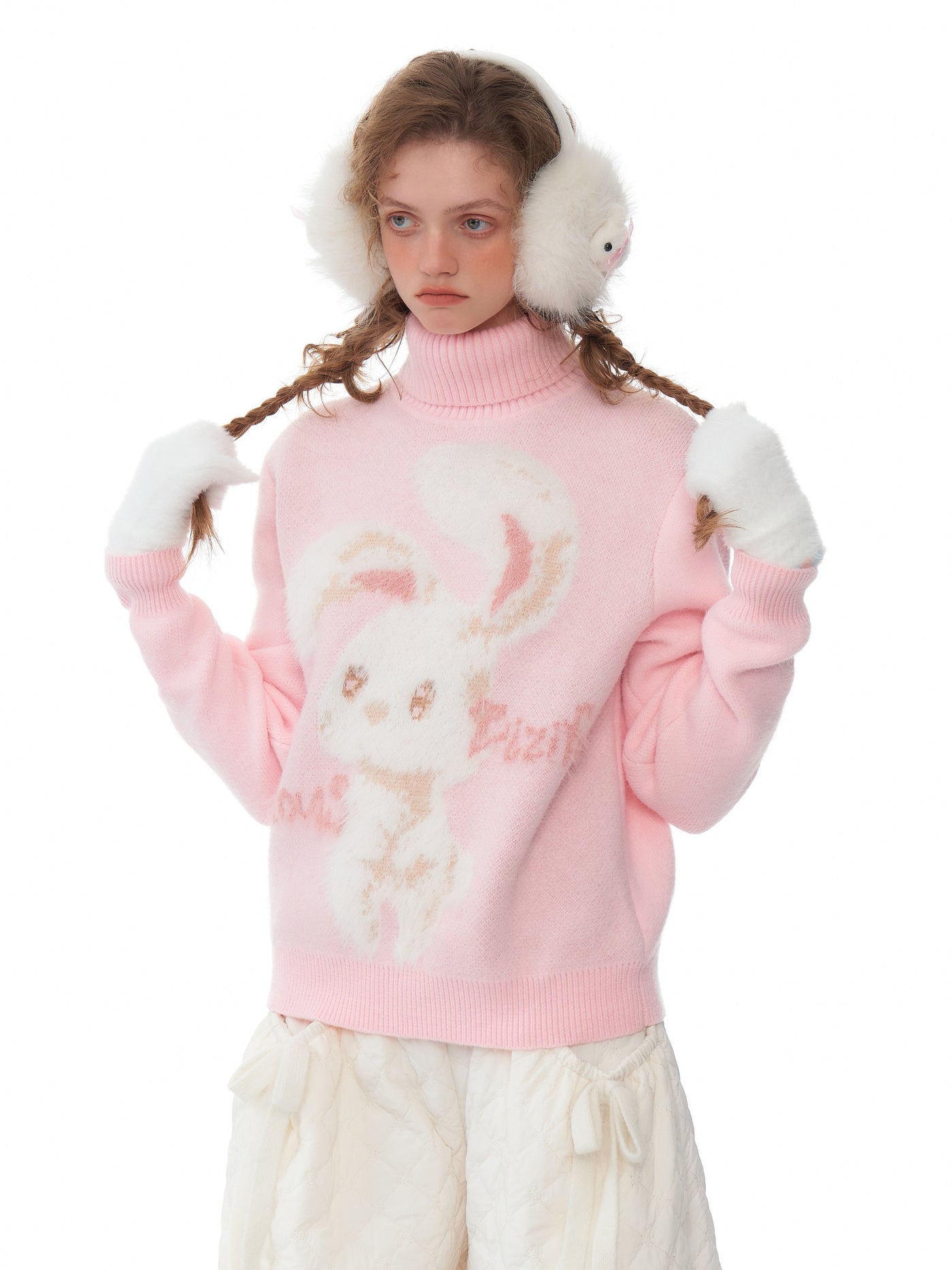 Retro Design High-grade Rabbit Soft Lazy Pink Turtleneck Sweater ZIZ0196