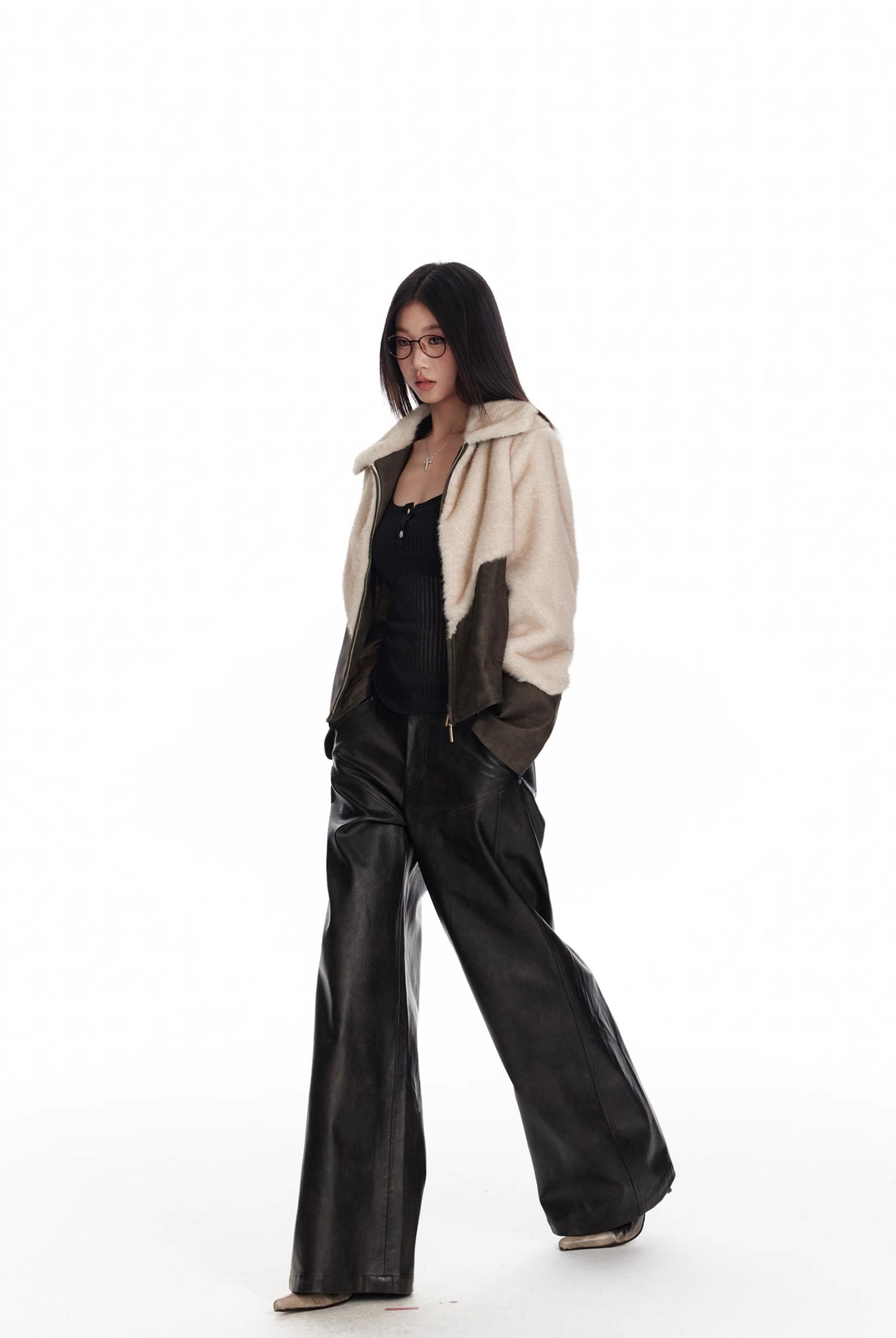 Black Low Waist Slim Wide Leg Straight Leather Pants 4MU0069