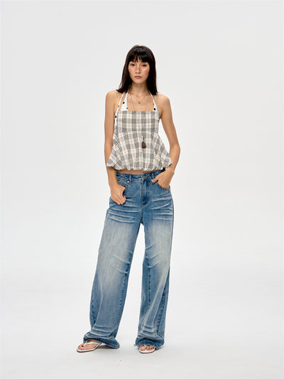 Washed Blue Drape Wide-leg Jeans CUR0216