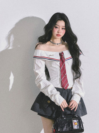 One-shoulder Long-sleeved Striped Shirt DIA0595