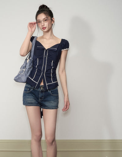 Lapel Lace Puff Sleeve Shirt SOO0001