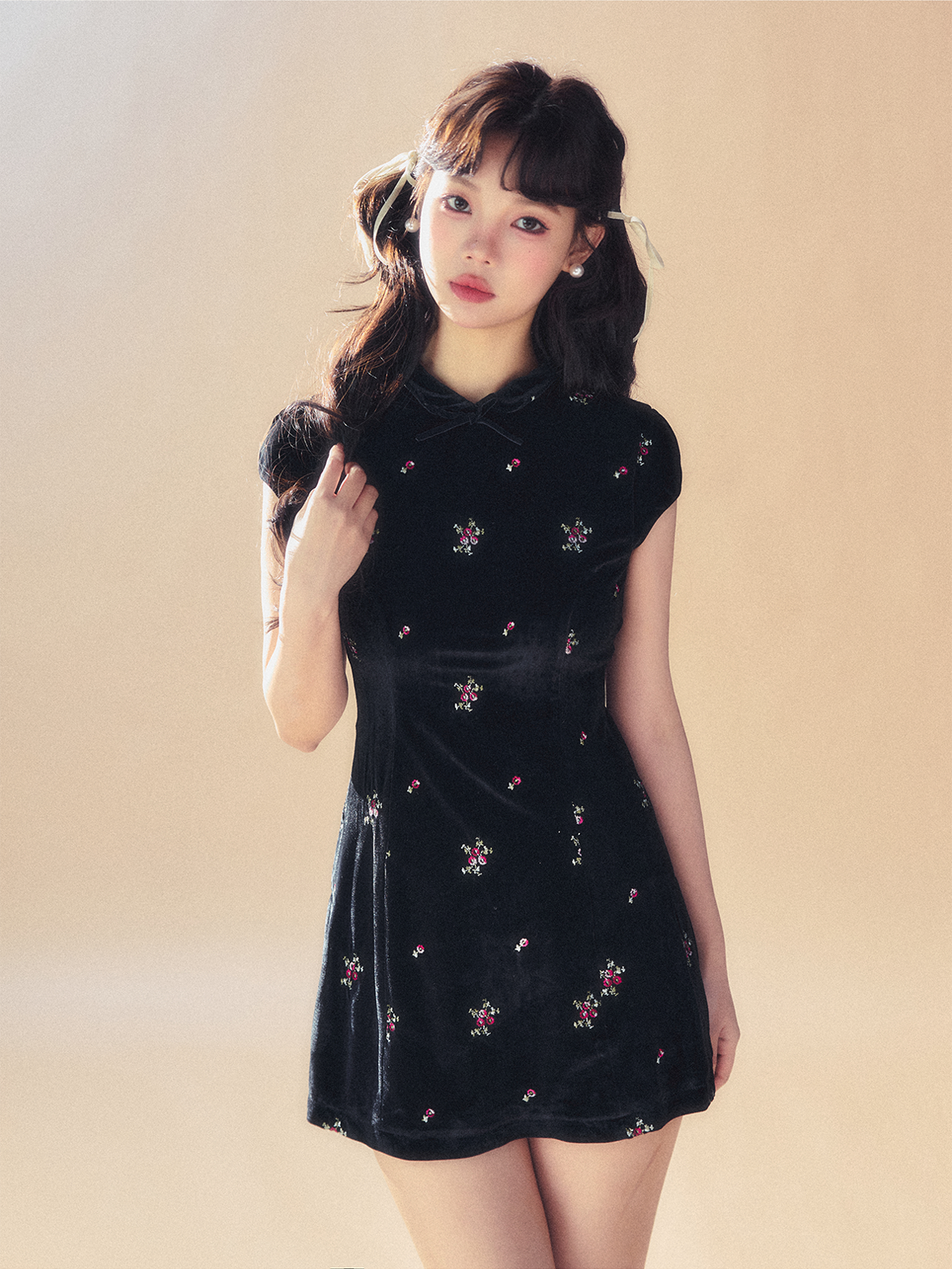 Black Embroidered Velvet Dress SUN0054