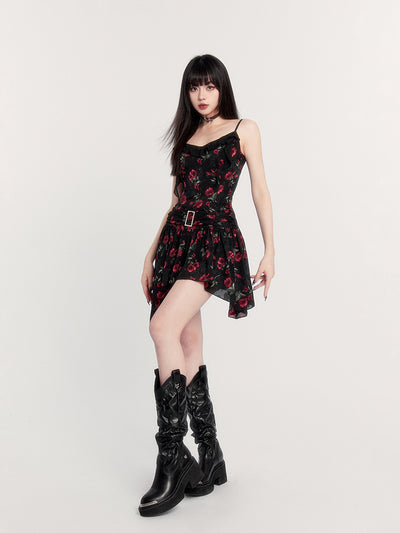 Rose French Black Floral Ribbon Suspender Dress VOC0221