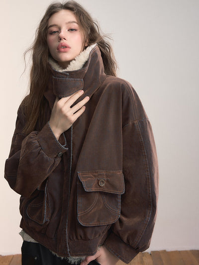 Velvet Denim Large Fur Collar Jacket VIA0362