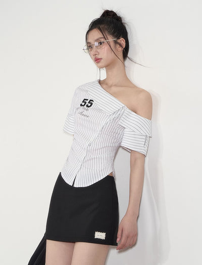 Casual Oblique Shoulder Striped Shirt SOO0012