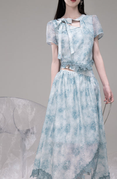 Blue Bow Collar Shirt+Irregular Skirt COT0316