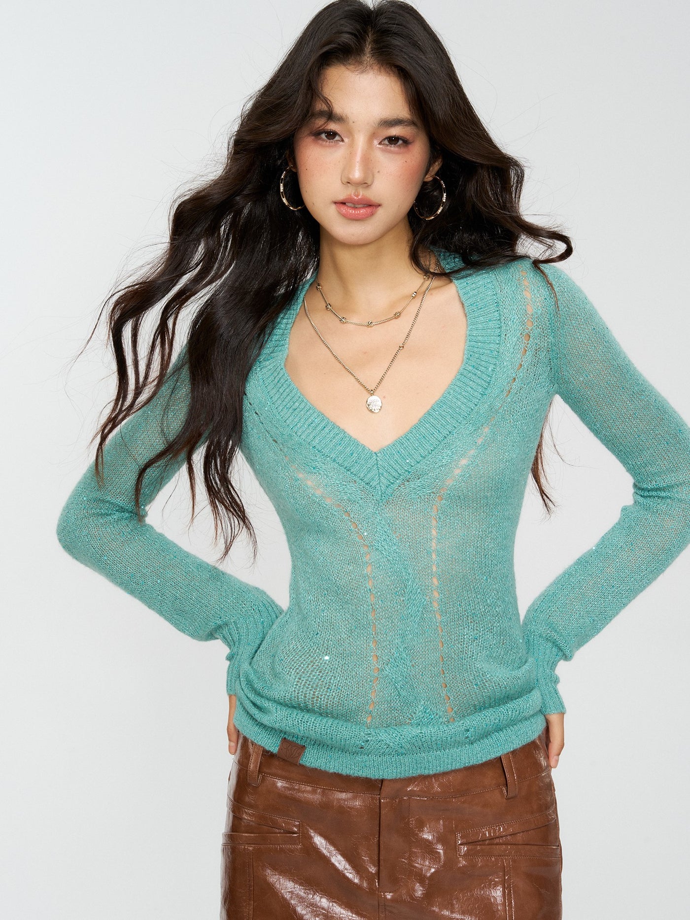 Slim Shimmering Cable Sweater 4MU0158