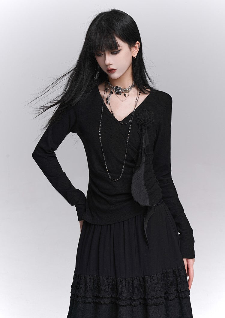 Stylish Rose Black Long-Sleeved Top LAD0236