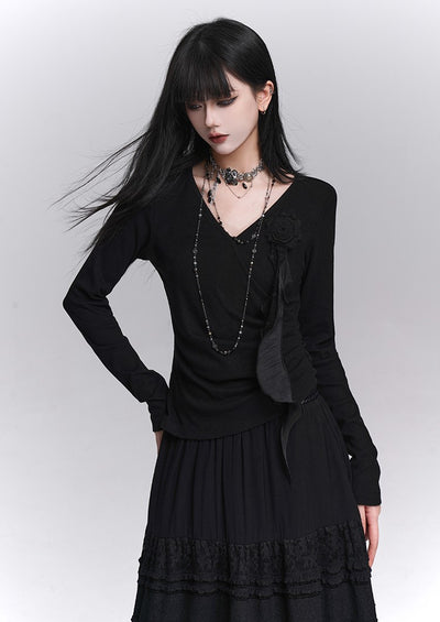 Stylish Rose Black Long-Sleeved Top LAD0236