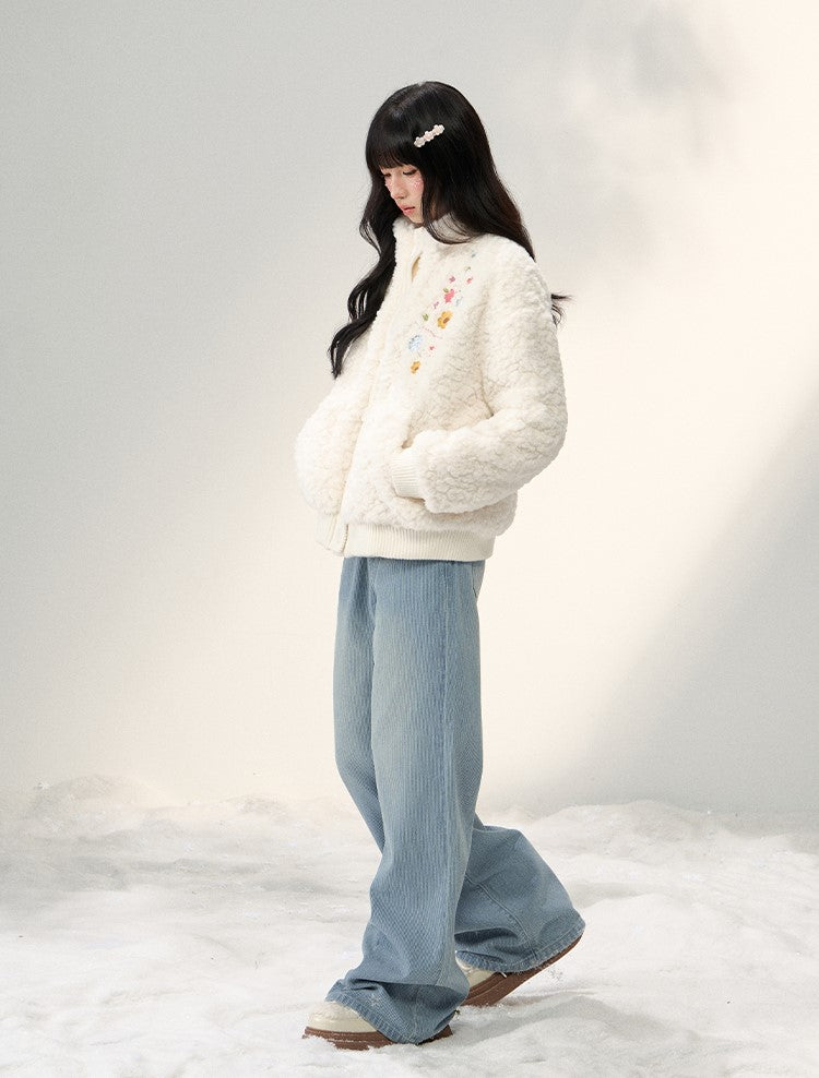 Floral Embroidered Stand Collar Plush Coat NTO0240