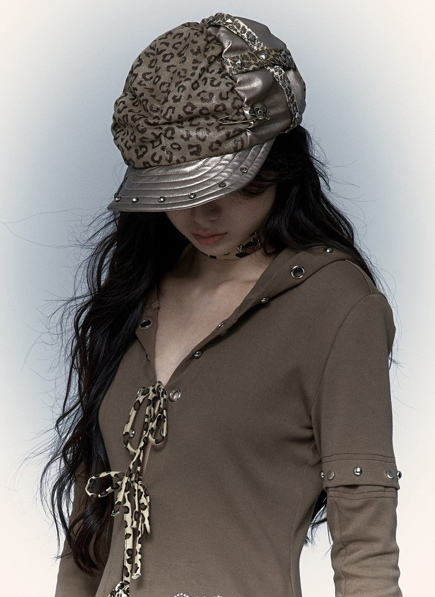 Punk Leopard Print Stitching Rivet Beret NOR0073