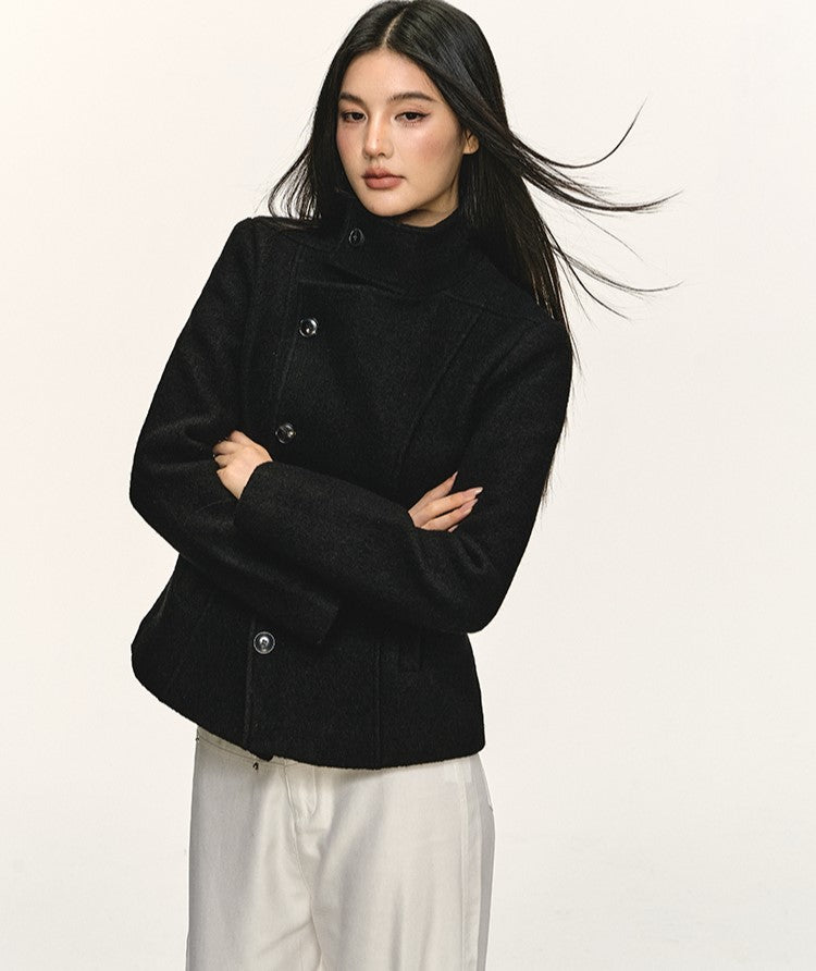 Double-Faced Stand Collar Black Short Coat ANA0076