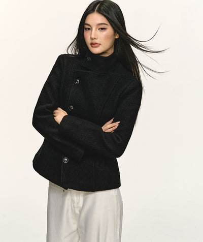 Double-Faced Stand Collar Black Short Coat ANA0076