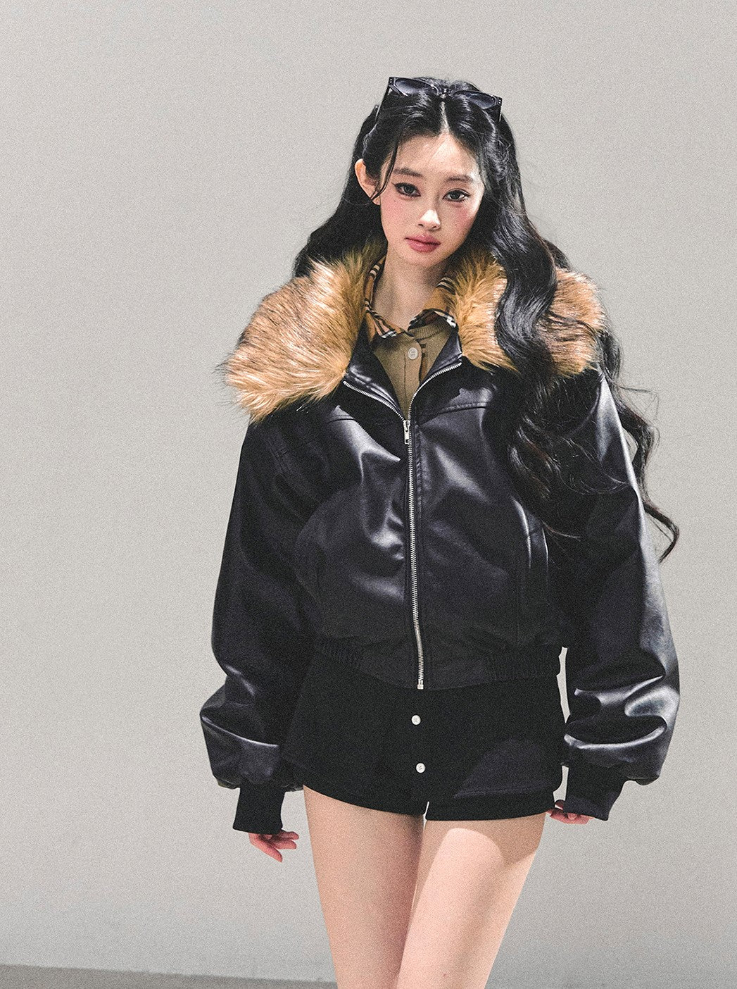 Black Large Lapel Leather Jacket DIA0690