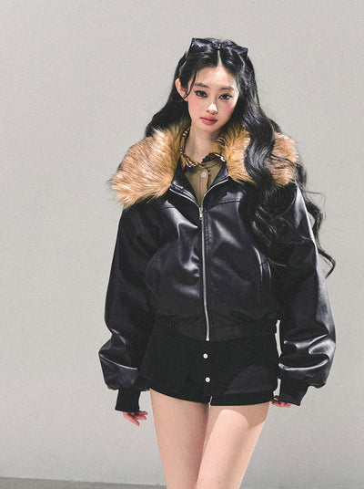 Black Large Lapel Leather Jacket DIA0690