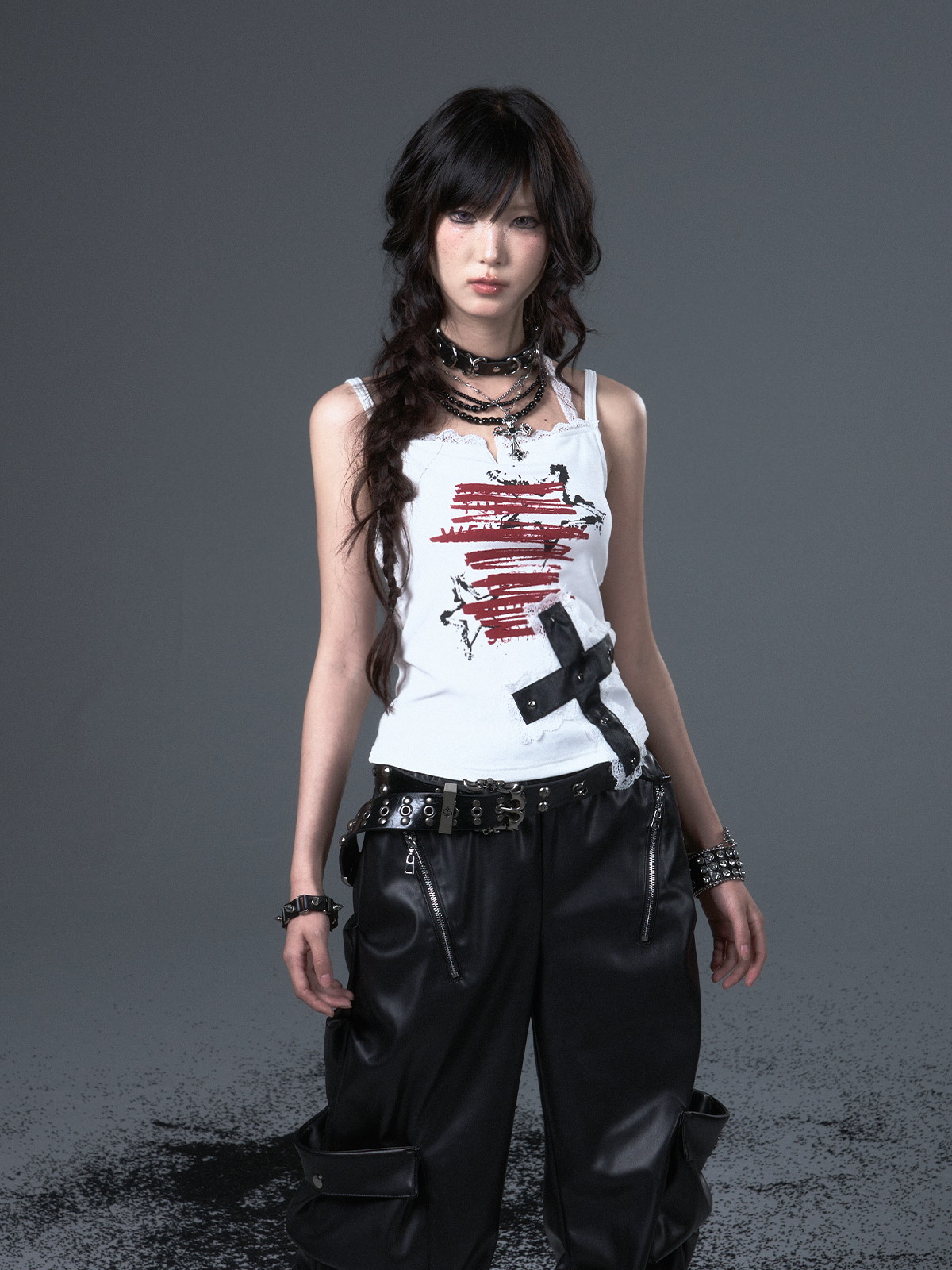 Punk Print Cross Lace Camisole FRU0101