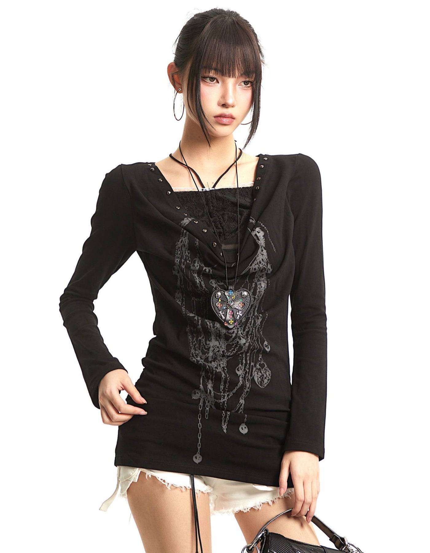 Fake Two-piece Lace Stitching Print T-shirt UNC0287