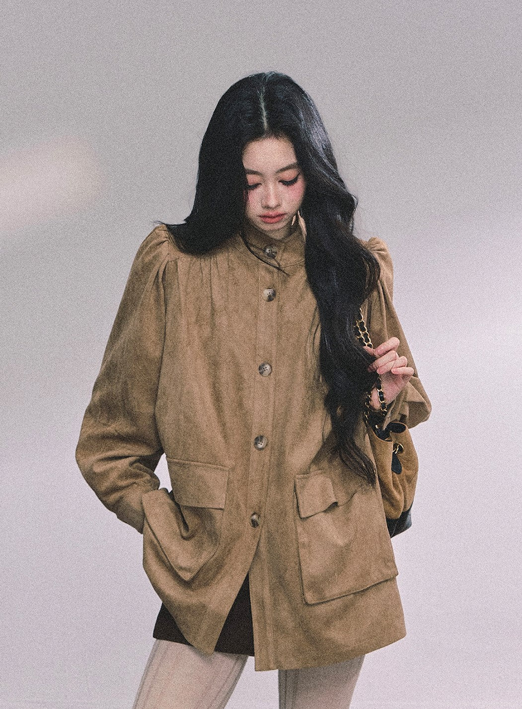 Coffee Brown Suede Stand Collar Jacket DIA0609