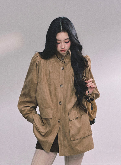 Coffee Brown Suede Stand Collar Jacket DIA0609