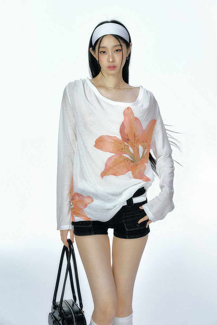 Flower Print Long-sleeved Sunscreen Thin Knitted T-shirt CUR0115