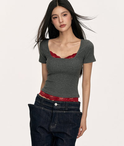 Lace Ribbed Fake Two-piece T-shirt ANA0005