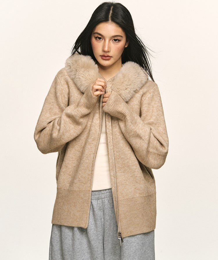 Double Zipper Large Fur Collar Knit Cardigan ANA0094