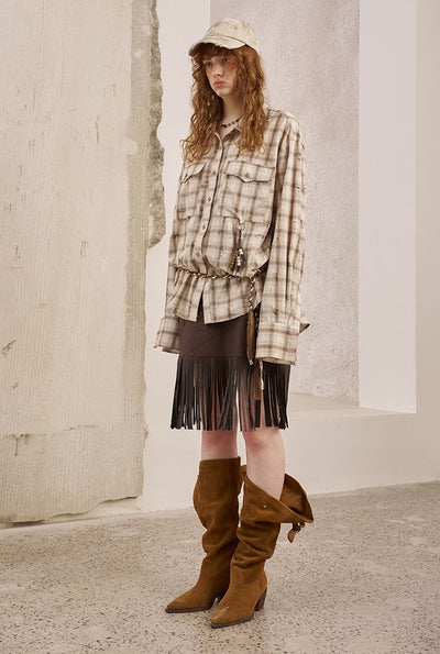 Flower Embroidered Tassel Leather Skirt DID0239