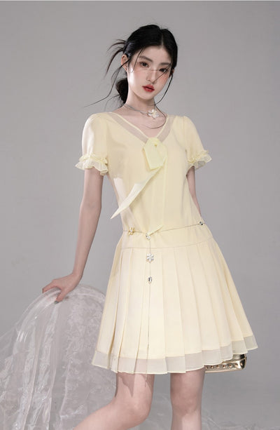 Honey Yellow Pleated Mesh Dress COT0321