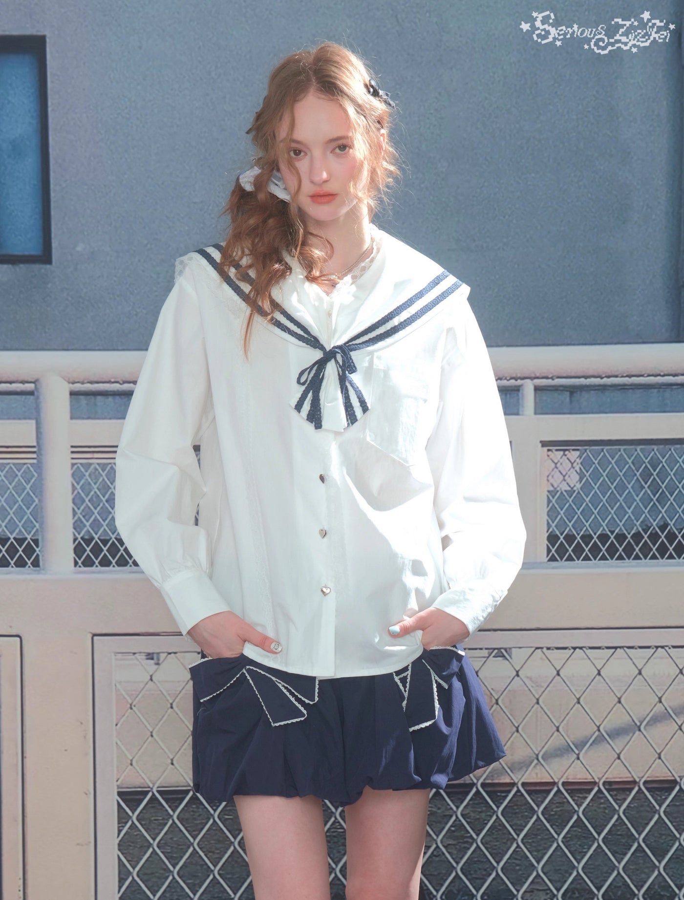 Navy Collar Lace Long-sleeved Shirt ZIZ0299
