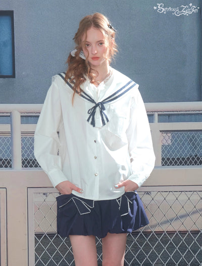 Navy Collar Lace Long-sleeved Shirt ZIZ0299