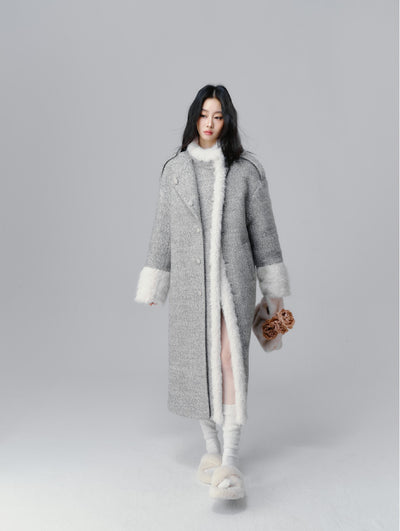 Icelandic Silver Snow Gray Fur Collar Woolen Long Coat SAL0093