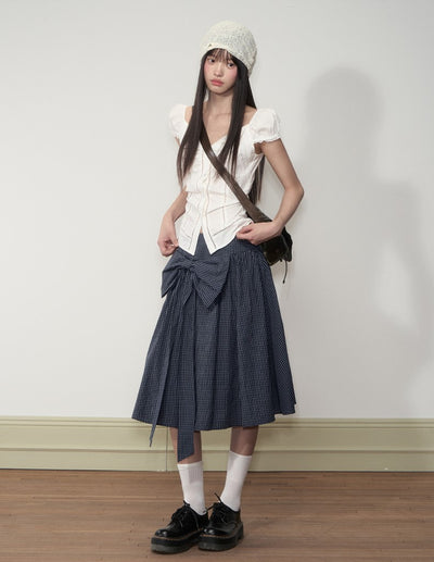 Navy Blue Plaid Bow Midi Skirt SOO0003