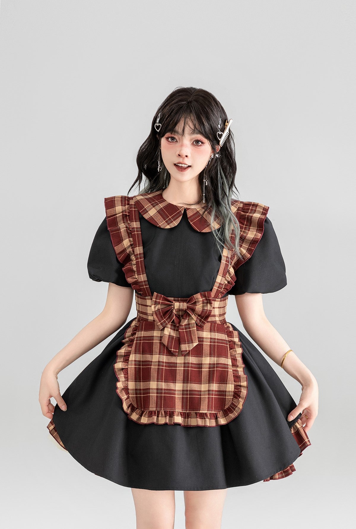 Maid Style Plaid Short Skirt Black Dress KEI0076