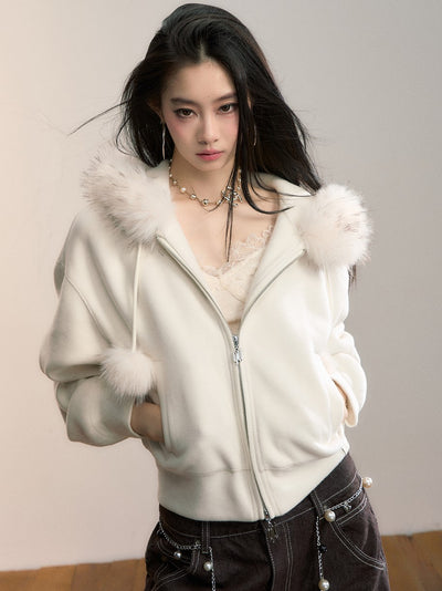 Fleece Pompon Fur Collar Sweatshirt Jacket VIA0355