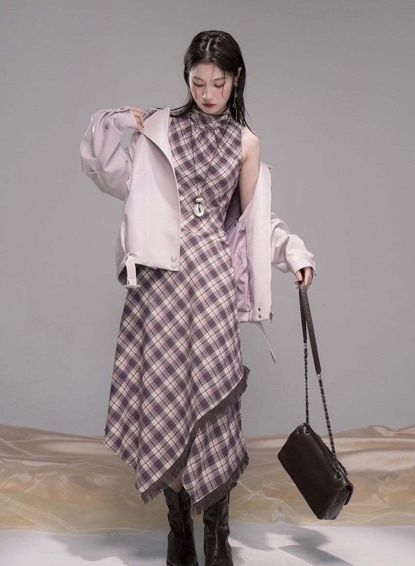 Purple Checkered Pattern Dress COT0347