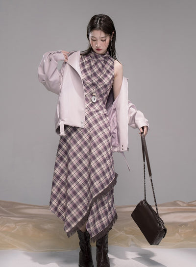Purple Checkered Pattern Dress COT0347