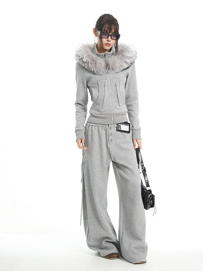 Fur Collar Hooded Sweatshirt Jacket/Pants UNC0326