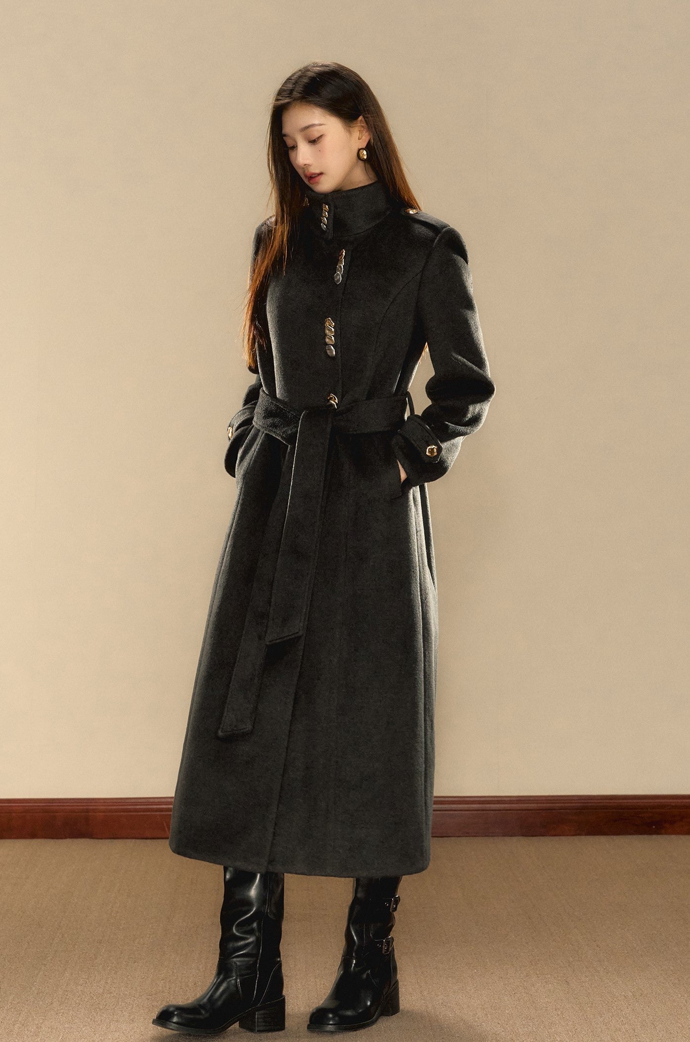 Gray High-grade Pearl Gold Button Long Wool Coat OSH0077