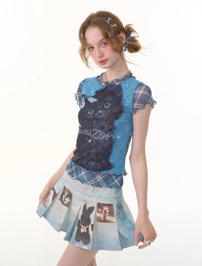 Plaid Fake Two-piece Cat Print T-shirt ZIZ0278