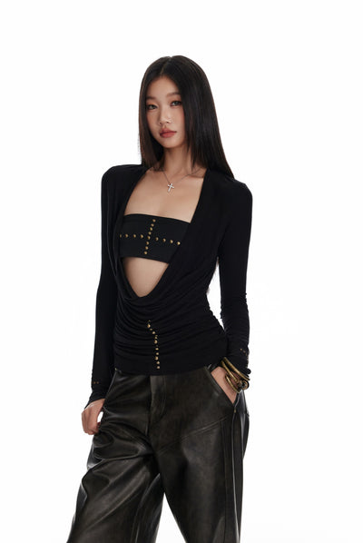 Cross Rivet Tube Top/Knitted Large V-neck Top 4MU0068