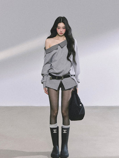 Oblique Shoulder Plaid Sweatshirt DIA0585