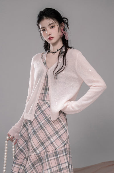 Cherry Pink Plaid Halter Neck Dress COT0341