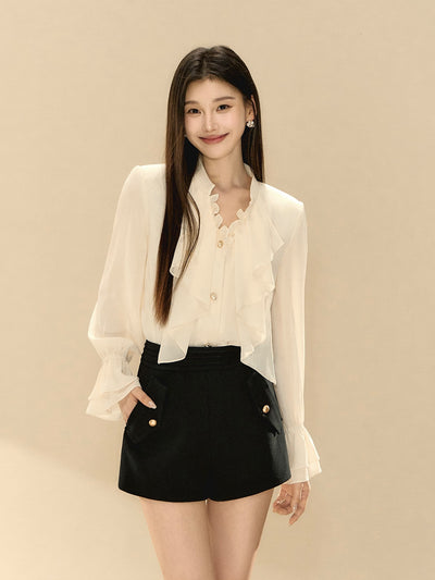 White V-neck Ruffle Shirt OSH0135