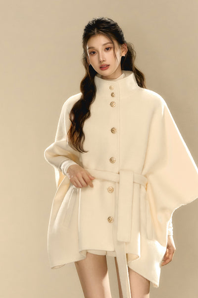 Cream Tweed Gold Button Woolen Cape Coat OSH0102