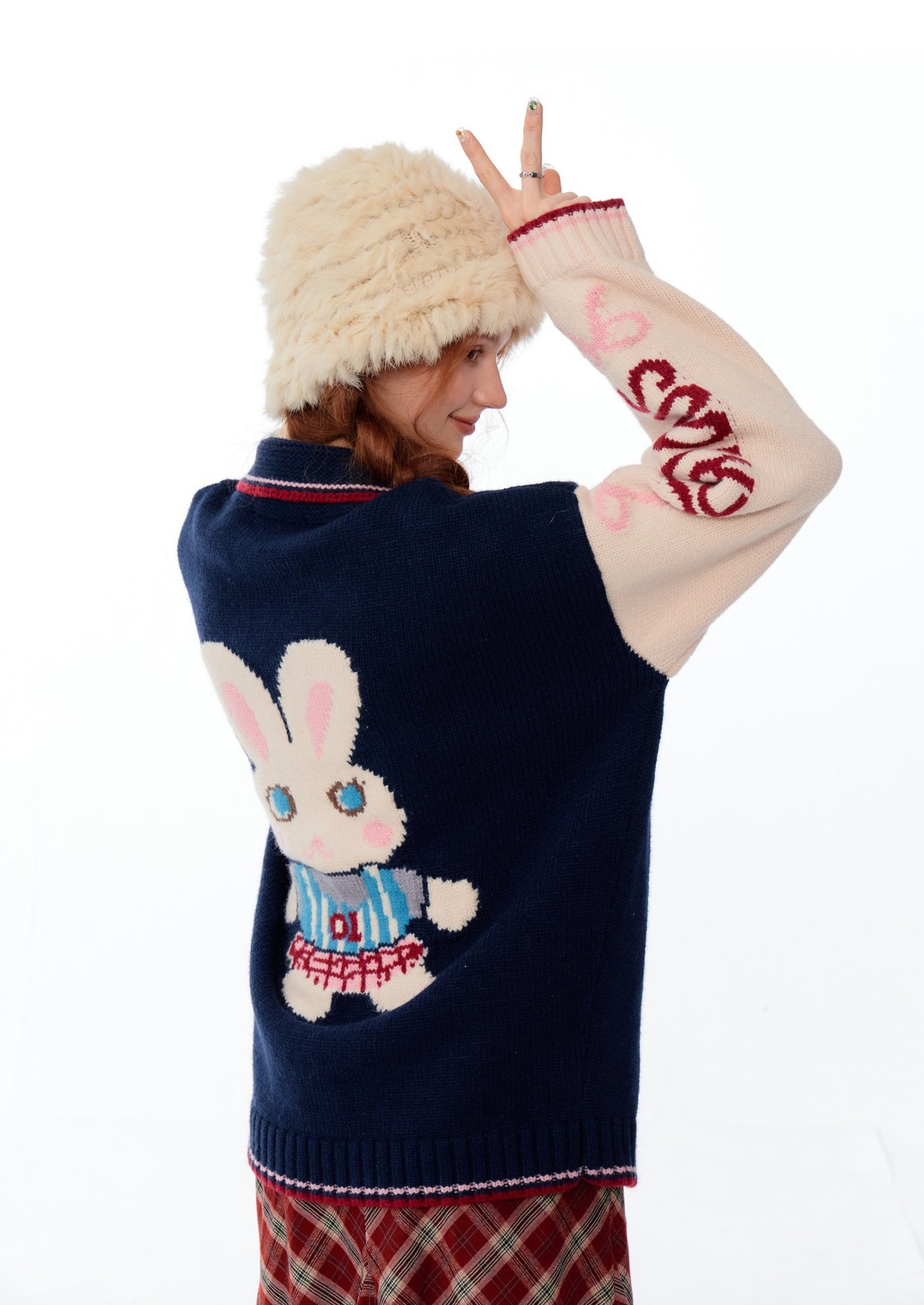 American Style Contrast Color Stitching Letter Soll Collar Rabbit Sweater Cardigan ZIZ0189