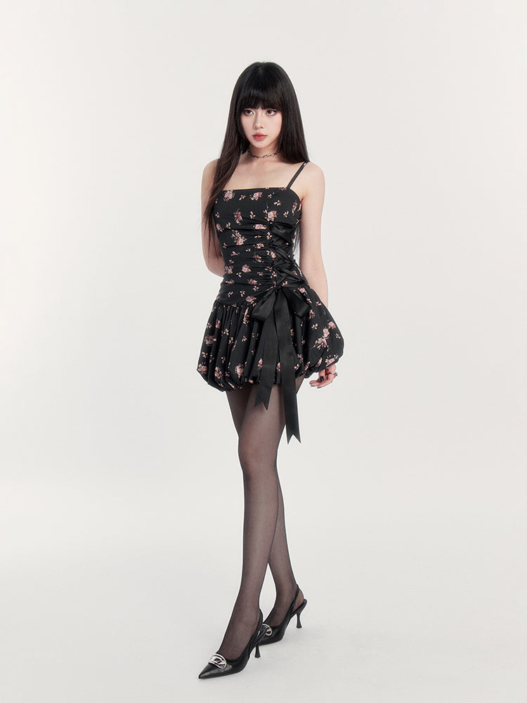Floral Satin Side-tied Suspender Dress VOC0214